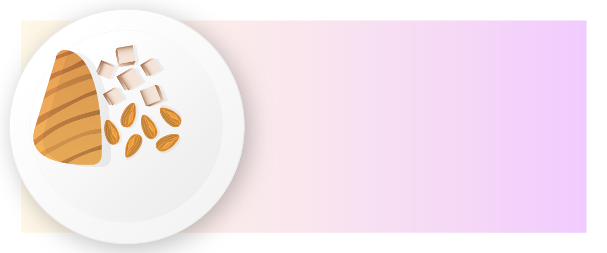 An illustration of a plate containing a triangular piece of food, possibly a slice of cake or dessert, accompanied by small pieces and nuts, set against a soft gradient background in shades of pink.