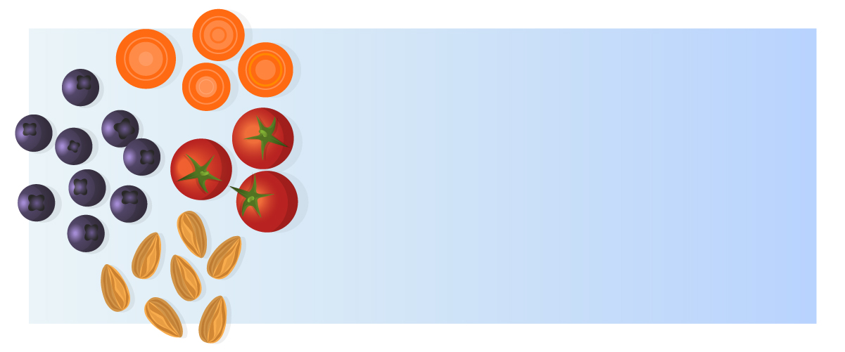Illustration of blueberries, sliced carrots, red tomatoes, and brown almonds on a light blue background.