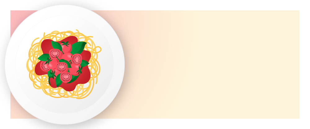 Plate of spaghetti with tomato slices and basil leaves on a white plate, placed on a beige gradient background.