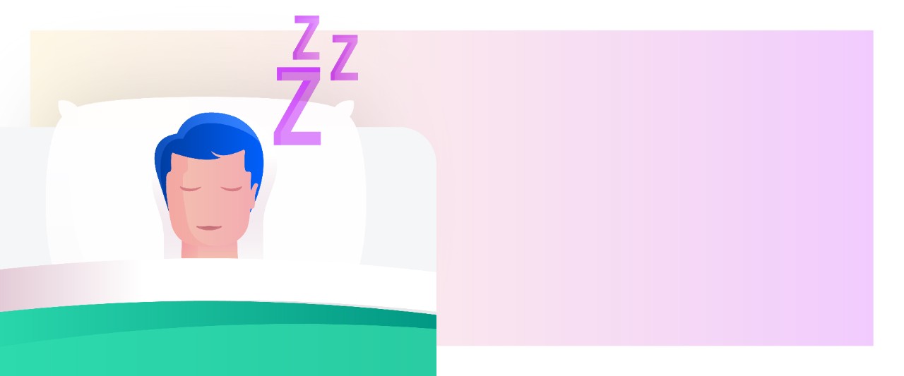 Illustration of a person with blue hair sleeping in a bed, covered by a green blanket, with purple Z symbols above, indicating sleep.