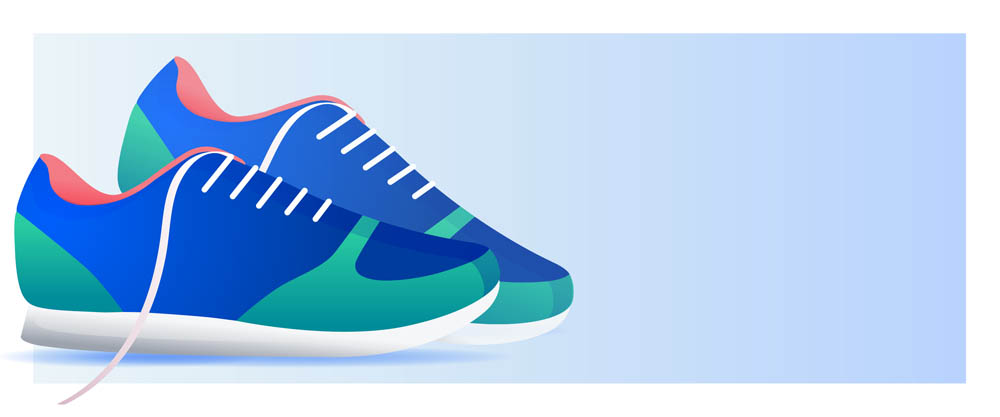 Illustration of blue and green athletic shoes with white laces on a light blue background.