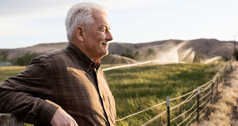 An elderly man with gray hair stands outside, leaning against a wooden fence, smiling contentedly as he gazes at the landscape.