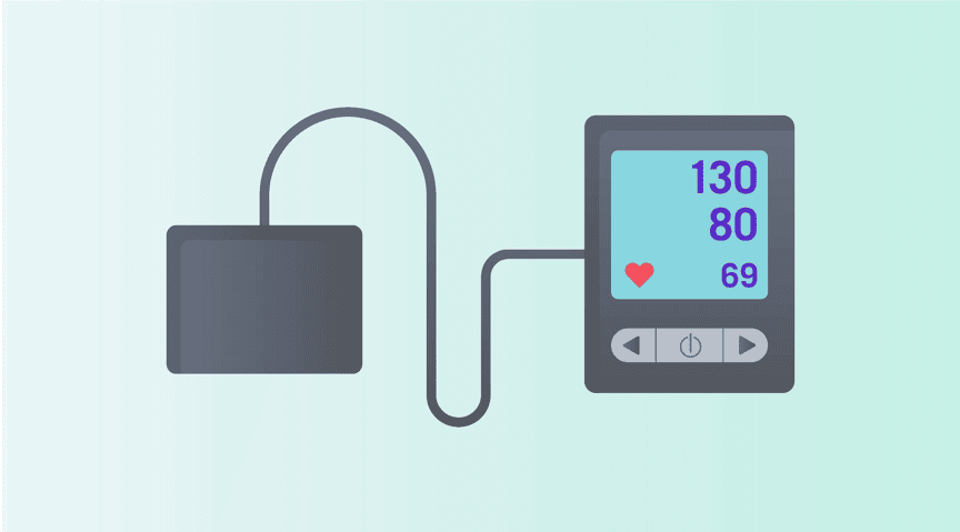 Digital blood pressure monitor displaying a reading of 130/80 with a heart rate of 69.
