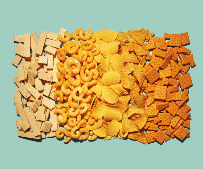 Assorted processed snacks arranged in rows on a light teal background, including wafers, cheese curls, potato chips, tortilla chips, and cheese crackers.