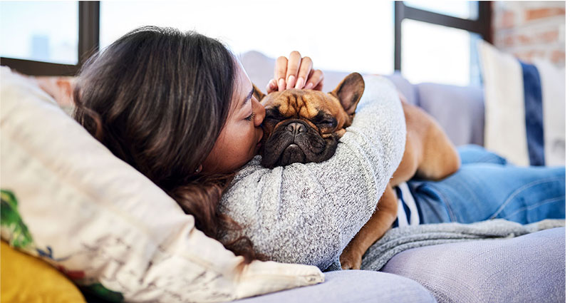 A woman lounging on a couch, lovingly cuddling with a French Bulldog. She is resting her head on the dog's back, creating a cozy and affectionate scene. 