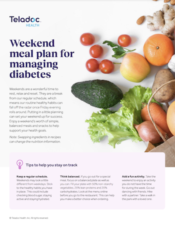 A flyer titled Weekend meal plan for managing diabetes with images of fruits, vegetables, and various healthy eating tips.