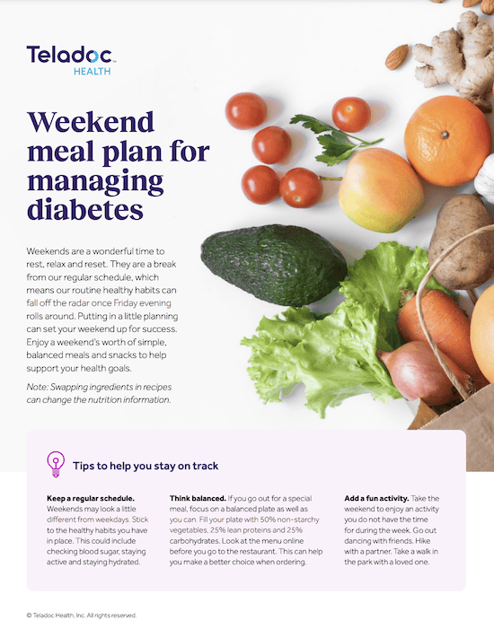 A printed flyer for Teladoc Health titled Weekend meal plan for managing diabetes with vegetables and text providing health tips.