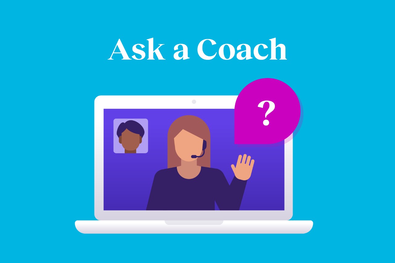 Illustration of a virtual coach on a laptop screen with a speech bubble containing a question mark.