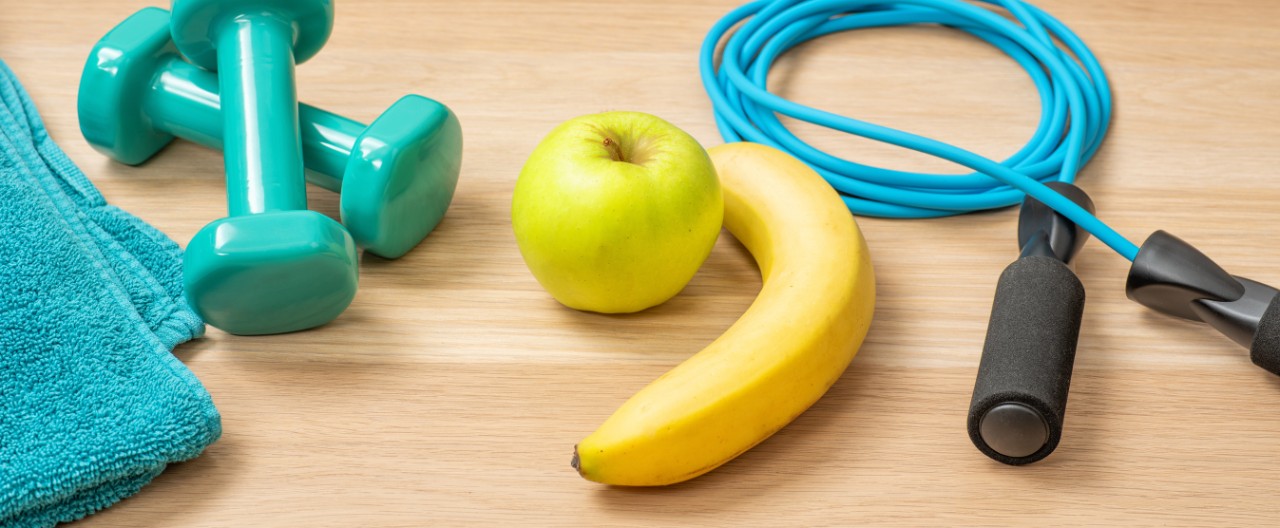 Apple, banana and exercise equipment