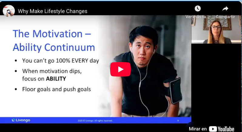 A screenshot from a video presentation titled "The Motivation – Ability Continuum," featuring a speaker and a slide with key points about motivation and setting goals