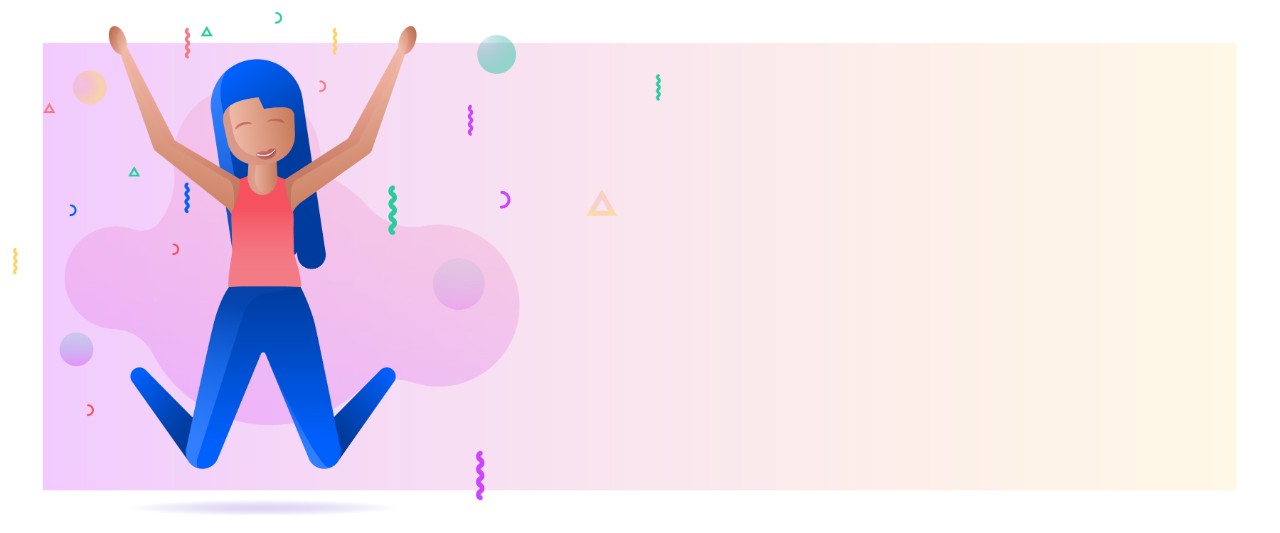 Illustration of a person with long blue hair jumping joyfully with raised arms, surrounded by colorful shapes on a pink background.