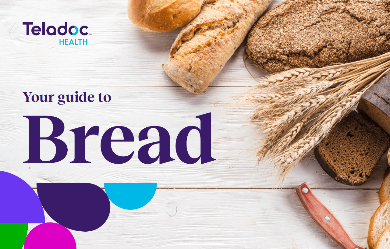 Assorted breads and wheat stalks on a wooden surface next to text: Your guide to Bread with Teladoc Health logo.