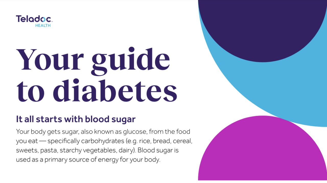 Your guide to diabetes text on a colorful background; discusses blood sugar and carbohydrate sources.
