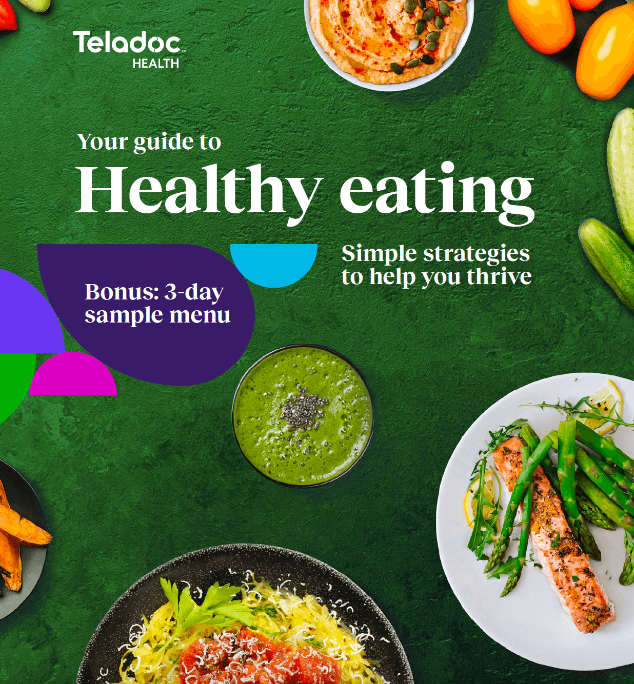 A table with healthy dishes, including salmon, green sauce, vegetables, and text about a guide to healthy eating with a sample menu.