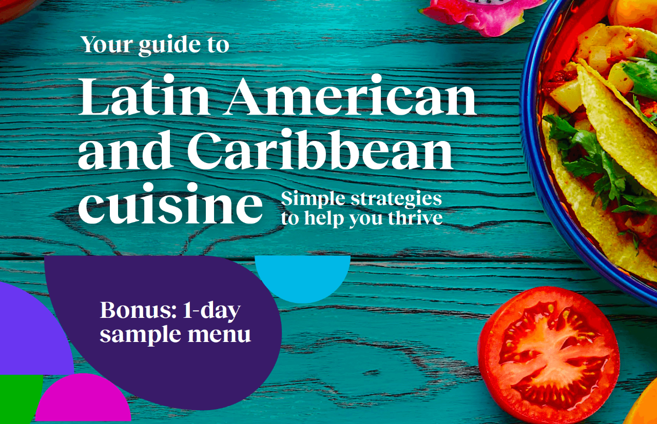 A colorful book cover with text: Your guide to Latin American and Caribbean cuisine and Bonus: 1-day sample menu. Includes food images.