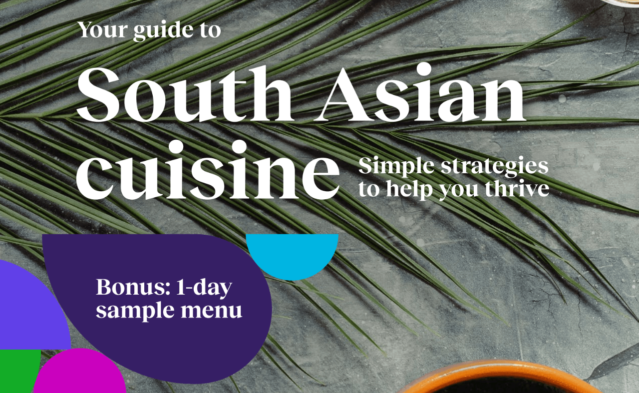 Text overlay on image with leaves and dishes. Reads: Your guide to South Asian cuisine - Simple strategies to help you thrive. Bonus: 1-day sample menu.