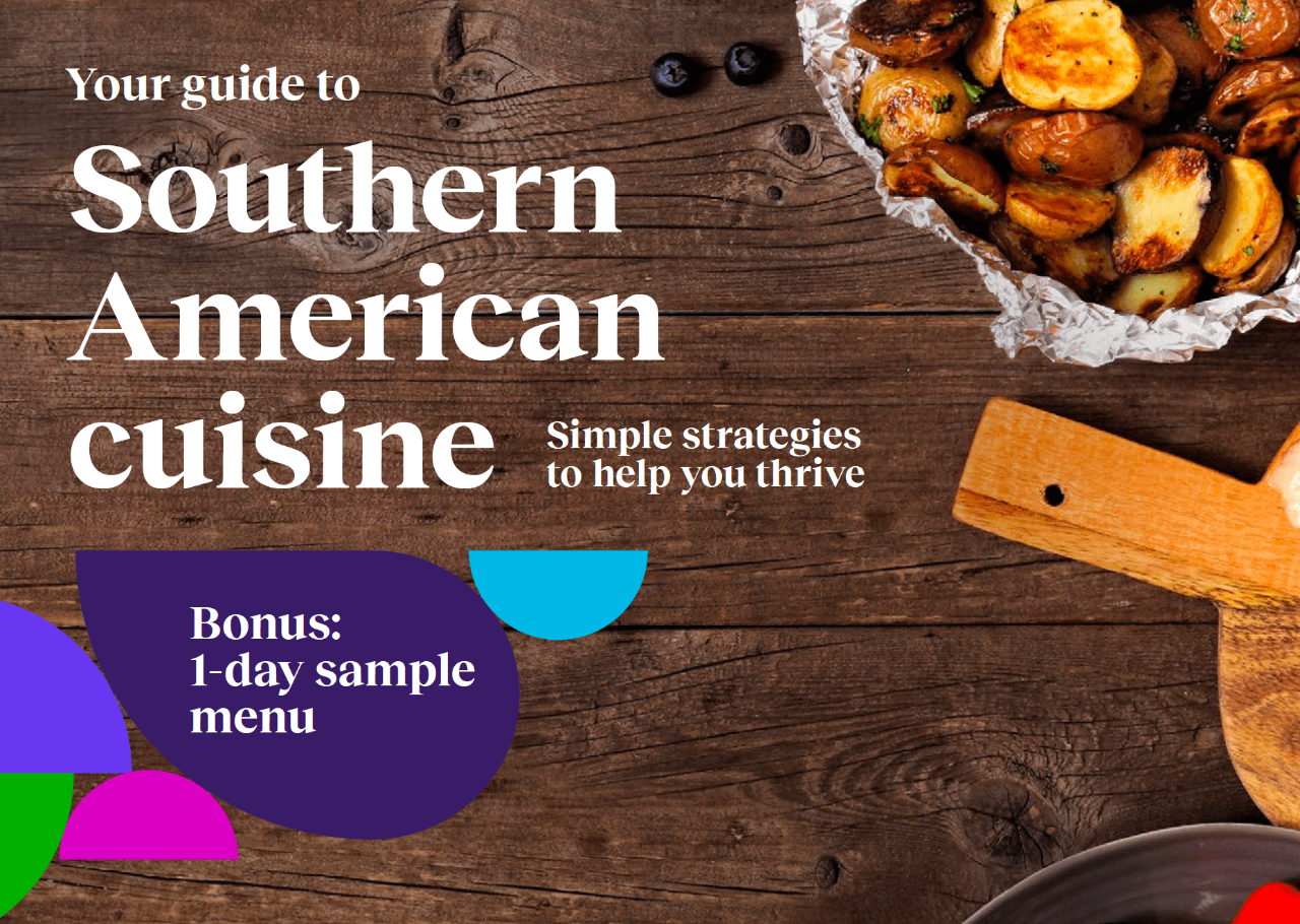 A guidebook cover on Southern American cuisine with roasted potatoes on a wooden table, featuring a bonus 1-day sample menu.
