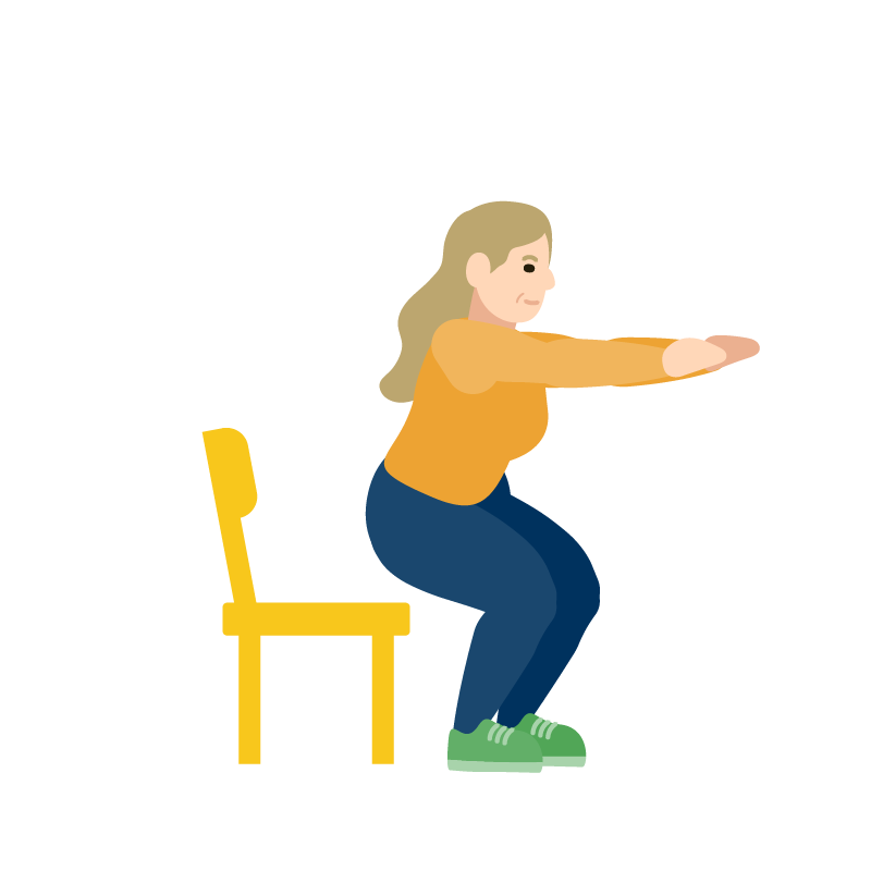 Illustration of a woman doing a squat exercise in front of a chair, wearing a yellow top, blue pants, and green shoes.