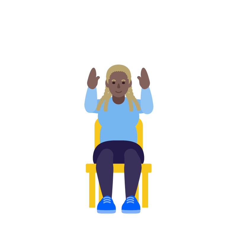 Illustration of a person with long hair seated on a yellow chair, wearing a blue shirt and shoes, raising their arms upward.