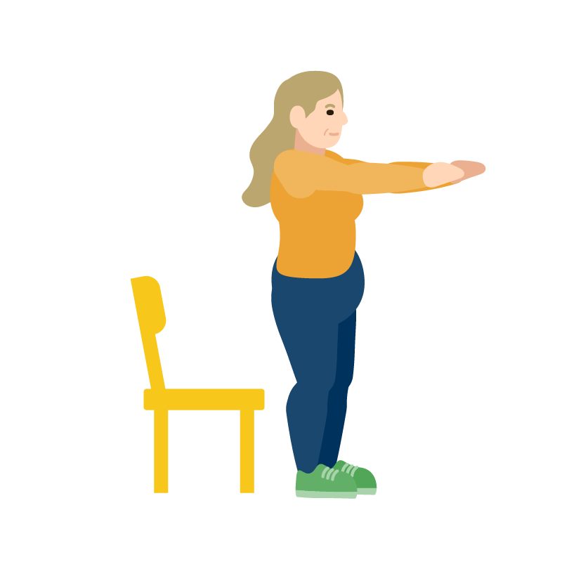 Illustration of a person standing with arms extended forward in a stretch in front of a yellow chair.