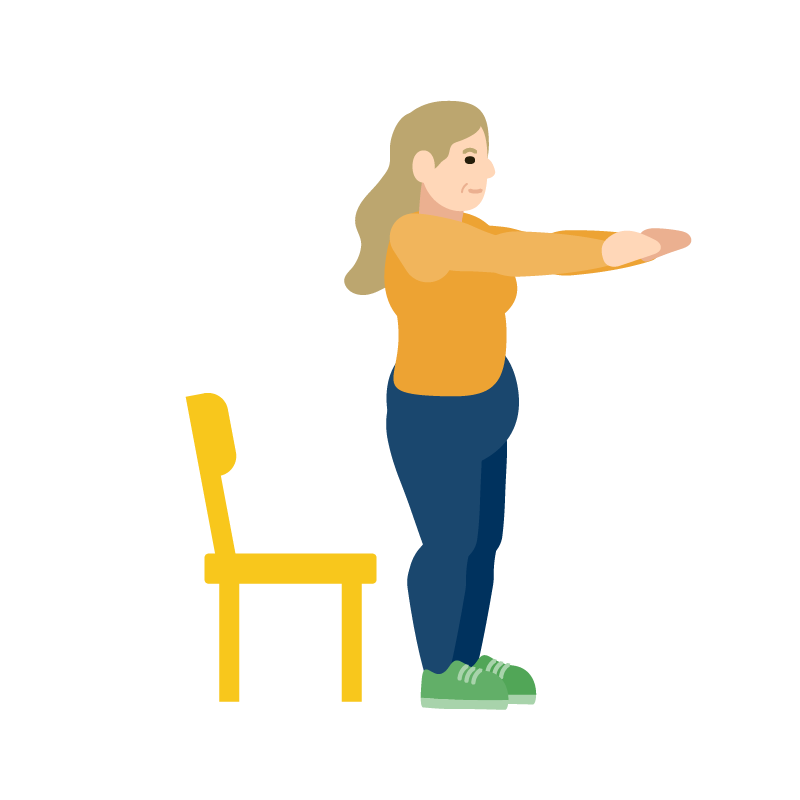 Illustration of a person standing with arms extended forward in a stretch in front of a yellow chair.