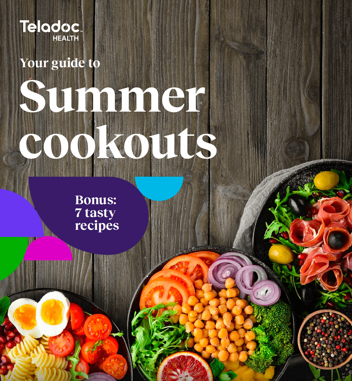 An arrangement of colorful vegetables and cured meats next to text promoting a guide to summer cookouts with bonus recipes.