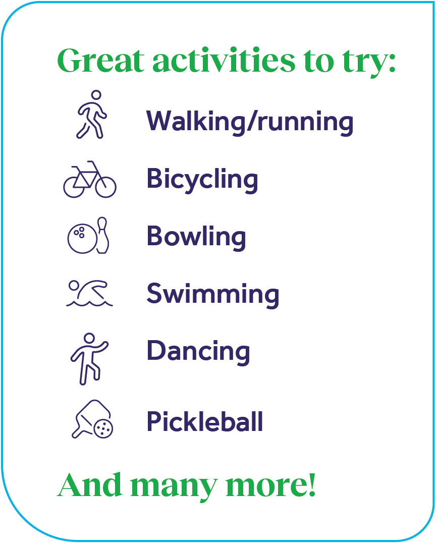 List of activities with icons: walking/running, bicycling, bowling, swimming, dancing, pickleball. Includes phrase Great activities to try!.