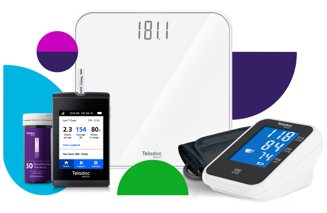 a grouping of Teladoc Health devices including Blood Glucose meter and test strips, smart scale and blood pressure monitor