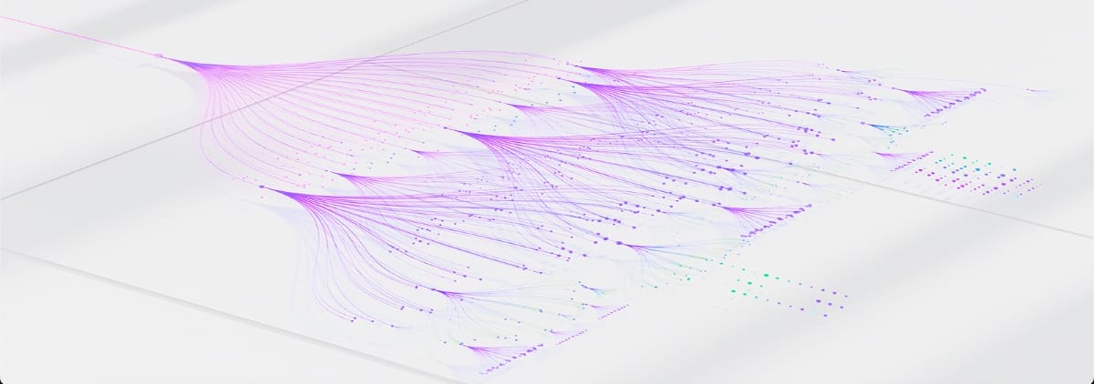 A digital tree-like network diagram in purple and blue lines branches out across a white surface, representing data or connections.