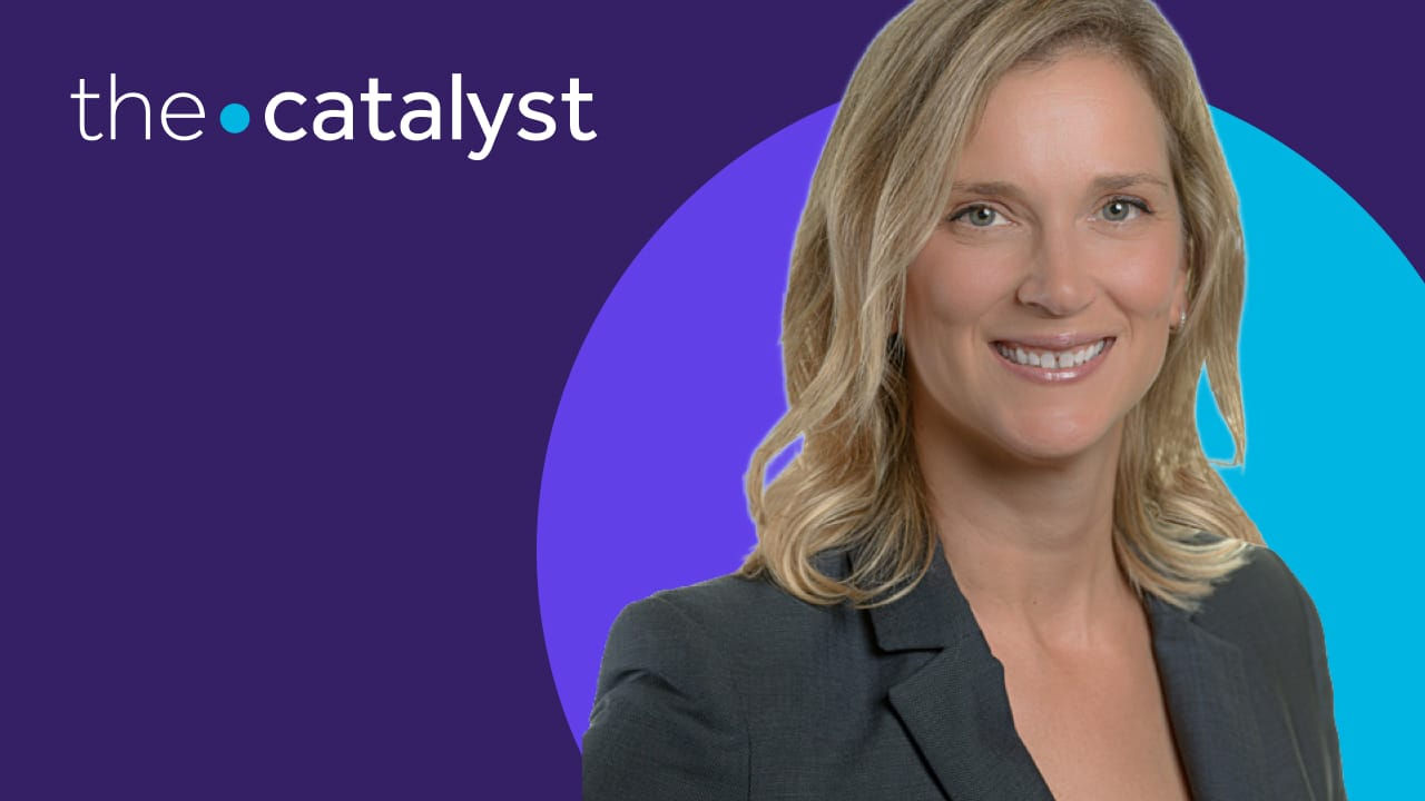 Julie Dimoulakis' portrait with a plum and aqua background and the words "the catalyst"