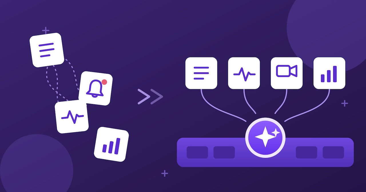 Illustration of disconnected AI tool tiles with tangled connections transforming into AI embedded at the center of a unified virtual care platform.