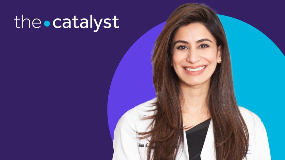 Asima Ahmad' portrait with a plum and aqua background and the words "the catalyst"