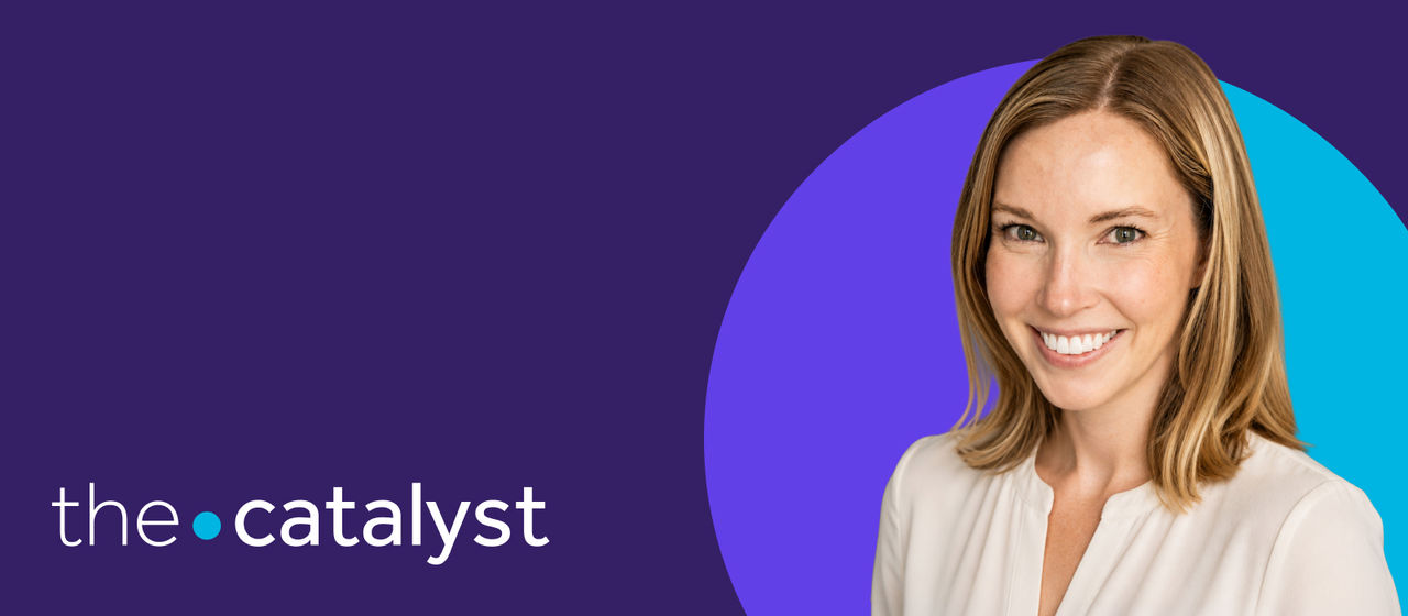 Amanda Cobos' portrait with a plum and aqua background and the words "the catalyst"