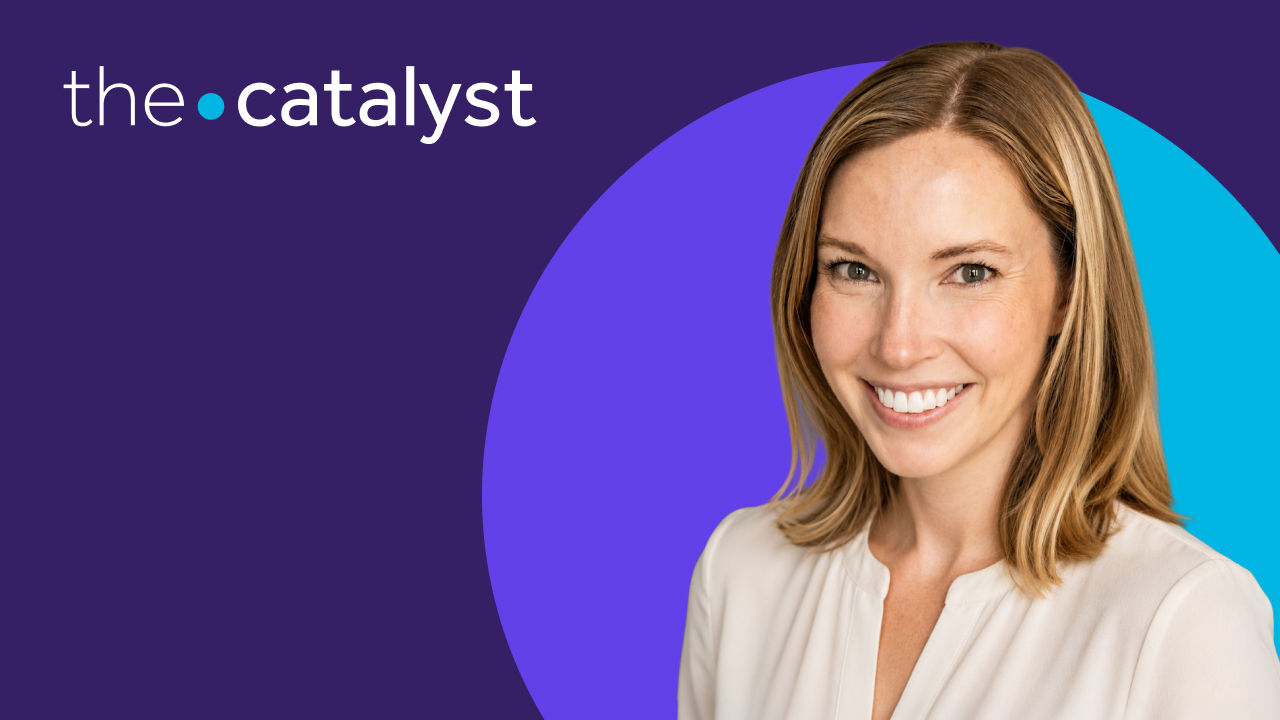 Amanda Cobos' portrait with a plum and aqua background and the words "the catalyst"