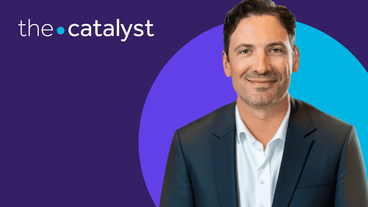 Dave Ross portrait with a plum and aqua background and the words "the catalyst"