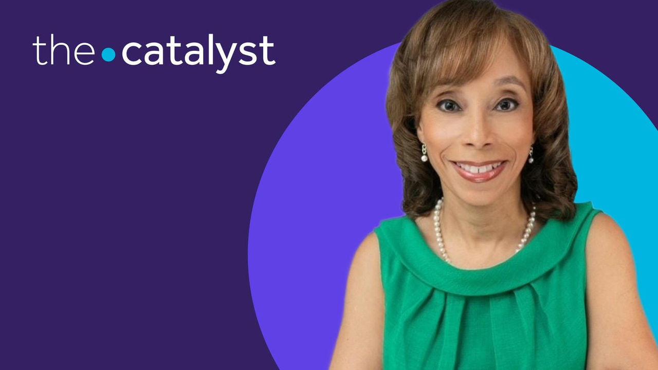 Dr. Christa-Marie Singleton portrait with a plum and aqua background and the words "the catalyst"