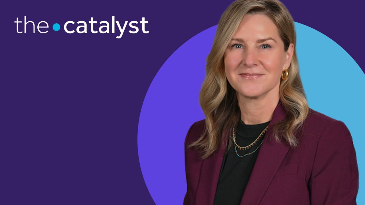 Gabrielle Boisvert with a background of plum, purple and aqua with the words "the catalyst"..