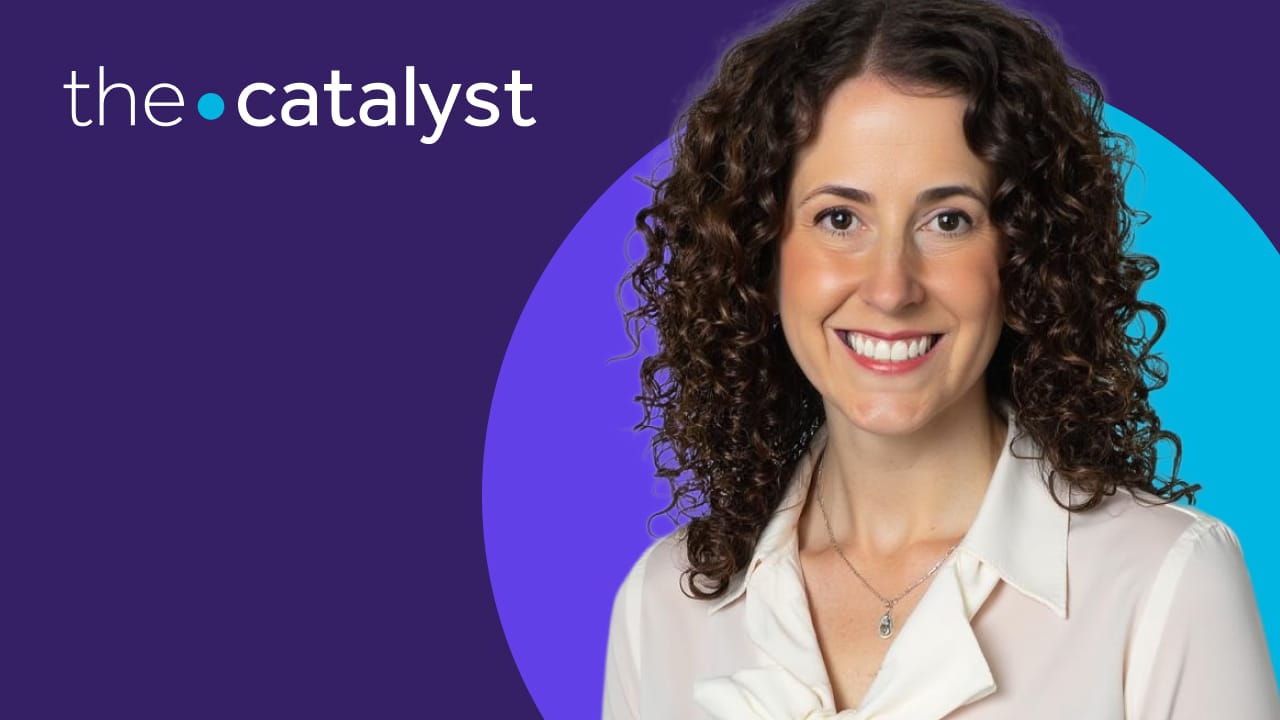 Dr. Elizabeth Lowden's portrait with a plum and aqua background and the words "the catalyst"