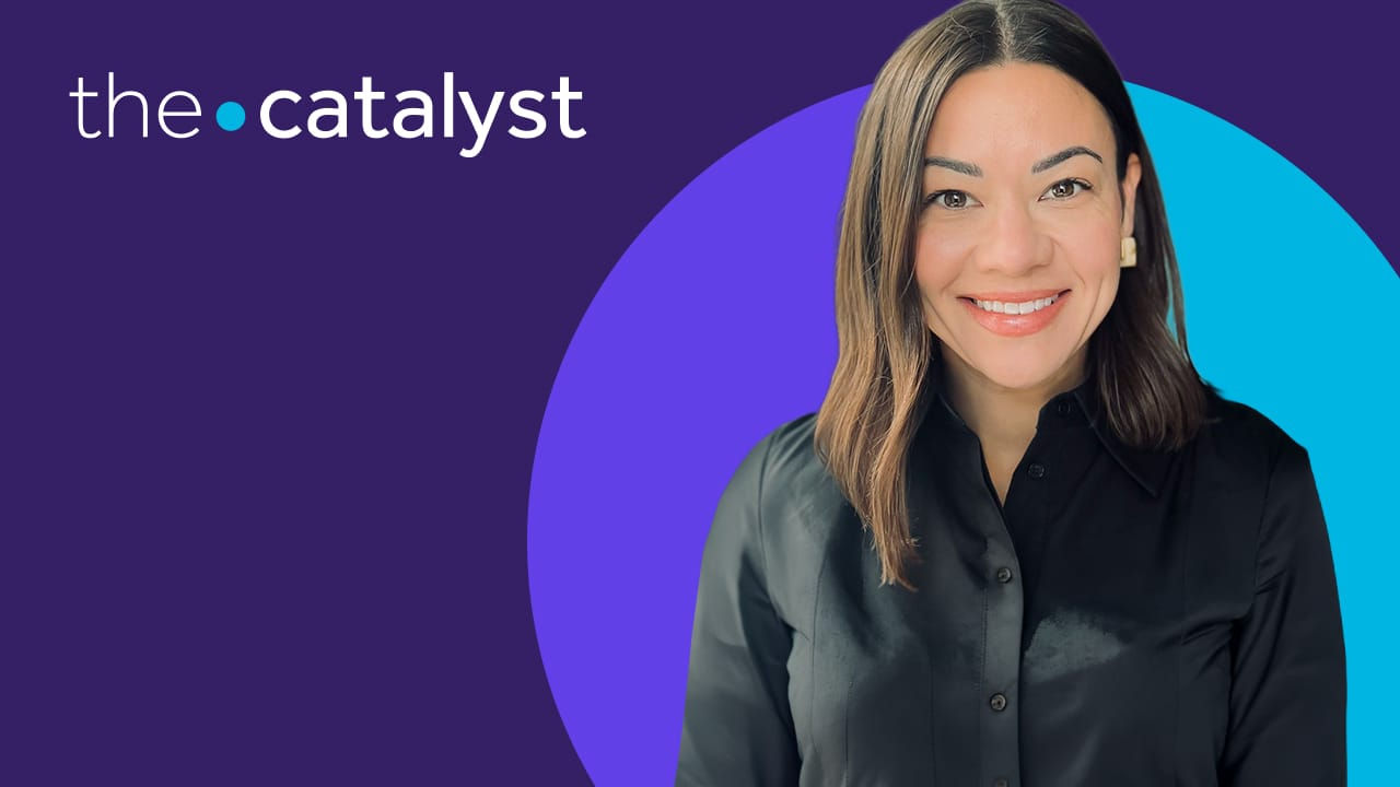 Julie Henry portrait with a plum and aqua background and the words "the catalyst"