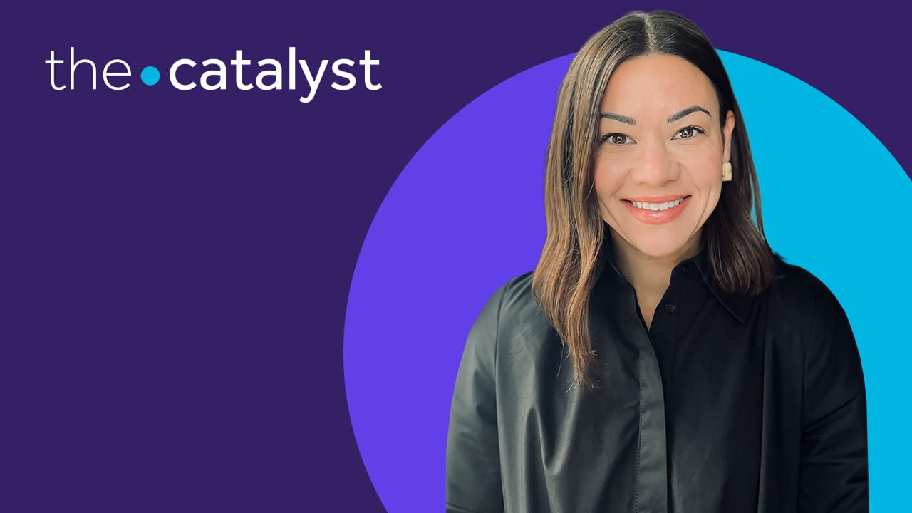 Julie Henry portrait with a plum and aqua background and the words "the catalyst"