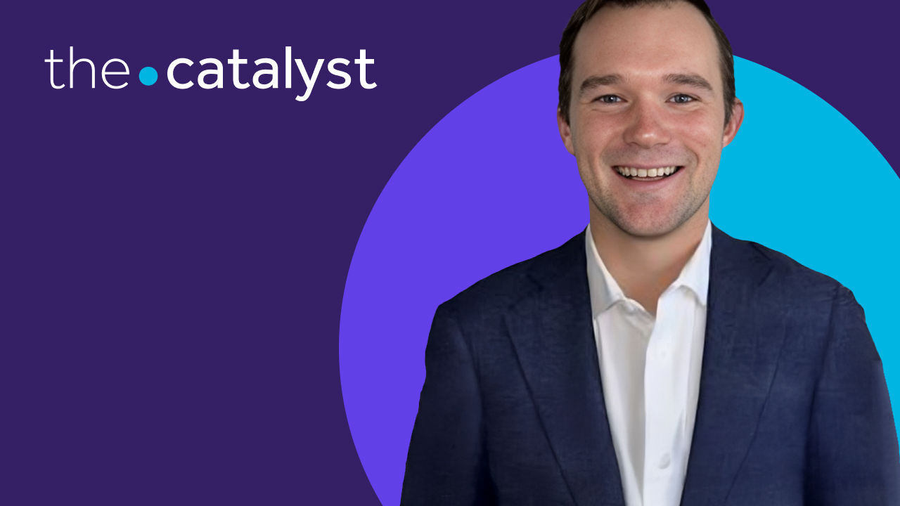 Julie Henry portrait with a plum and aqua background and the words "the catalyst"