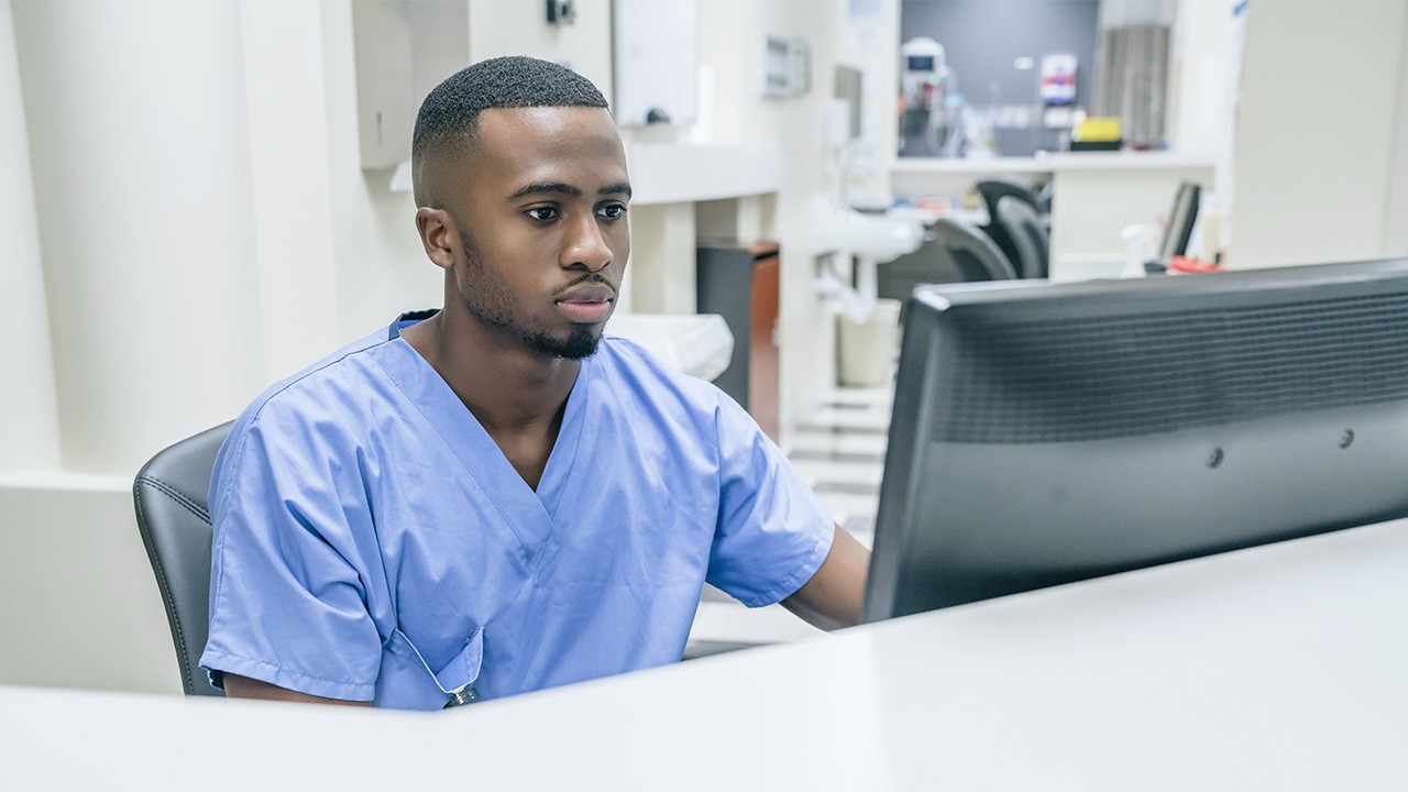 Healthcare professional working at a computer station