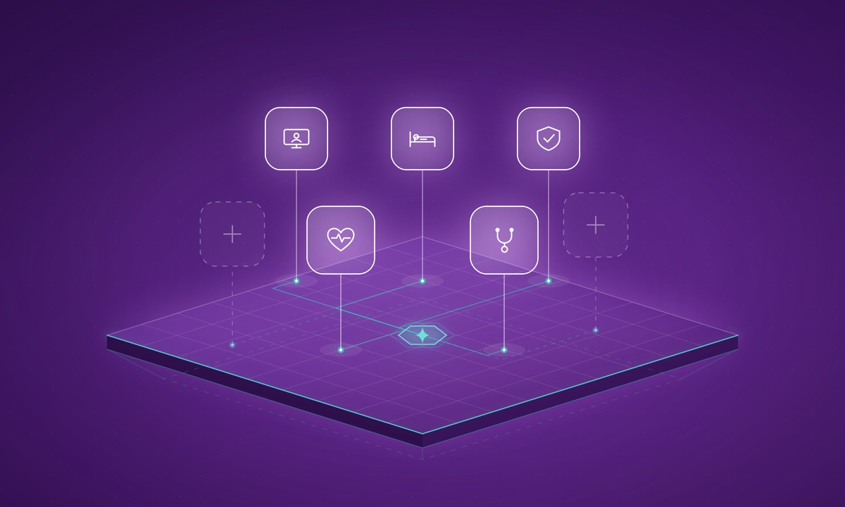 Illustration of virtual care use case tiles connected to a single platform foundation with AI embedded at its center and open slots for adding more services.