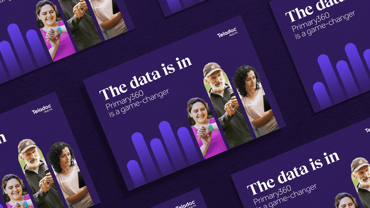 A graphic design featuring multiple images of people along with the text "The data is in," set against a purple background with abstract data visualization elements.
