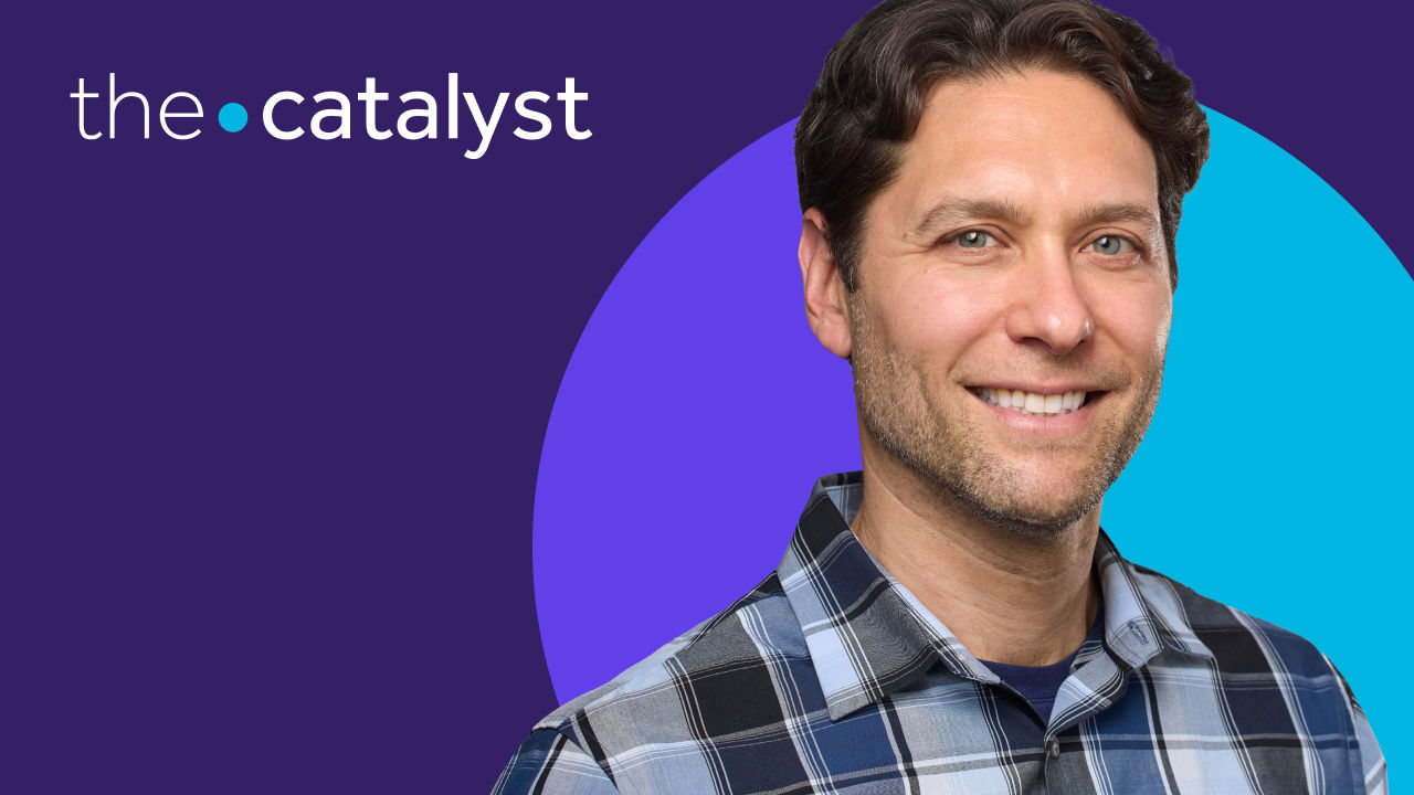 Adam Weinstein' portrait with a plum and aqua background and the words "the catalyst"
