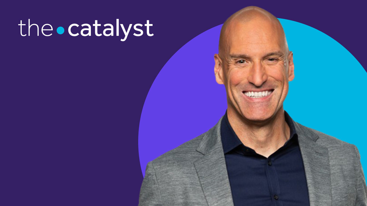 Brian Serfass' portrait with a plum and aqua background and the words "the catalyst"