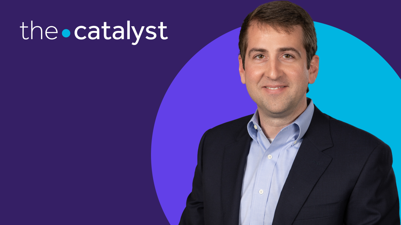 Hunter Sinclair portrait with a plum and aqua background and the words "the catalyst"