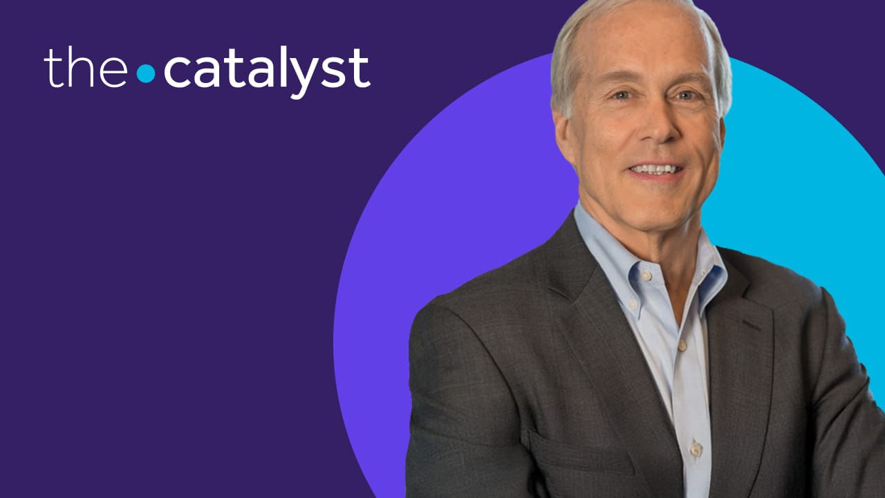 Lee Dukes portrait with a plum and aqua background and the words "the catalyst"