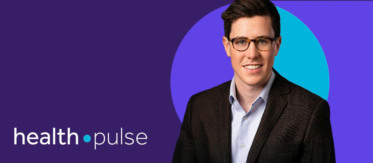 Alex Owens in a dark blazer and light blue shirt against a purple background with the Health Pulse logo.