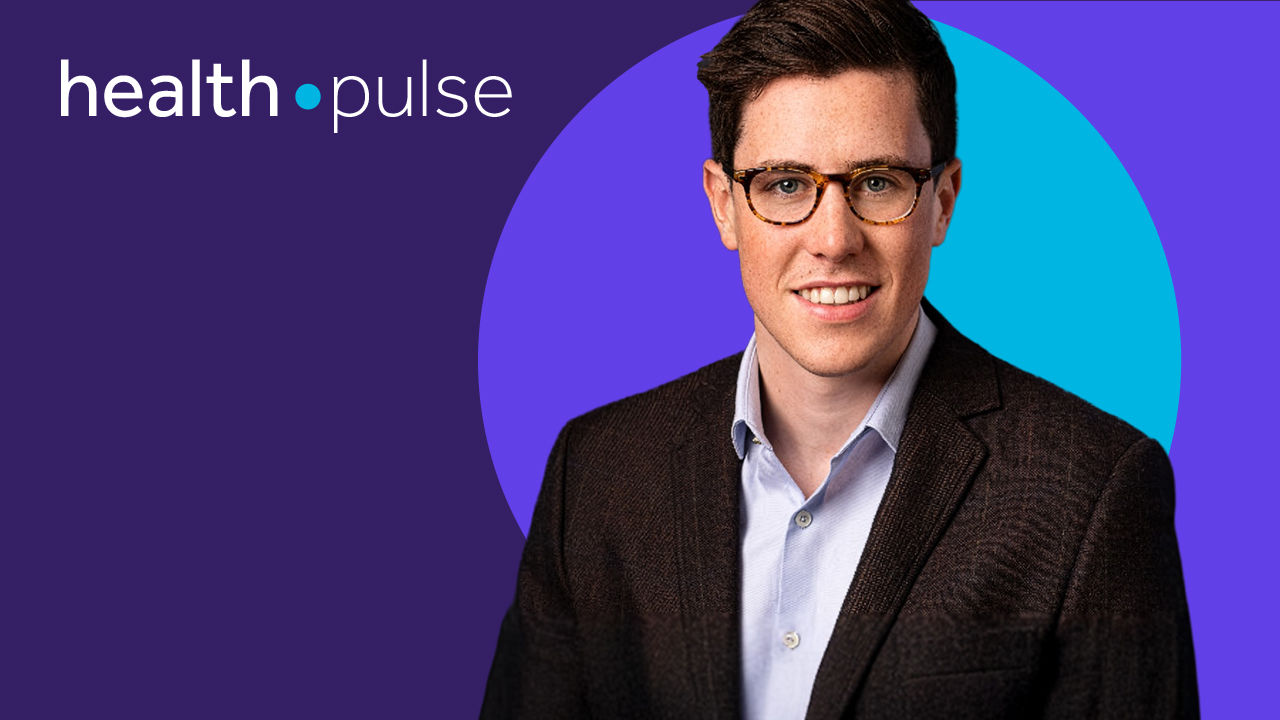Alex Owens in a dark blazer and light blue shirt against a purple background with the Health Pulse logo.